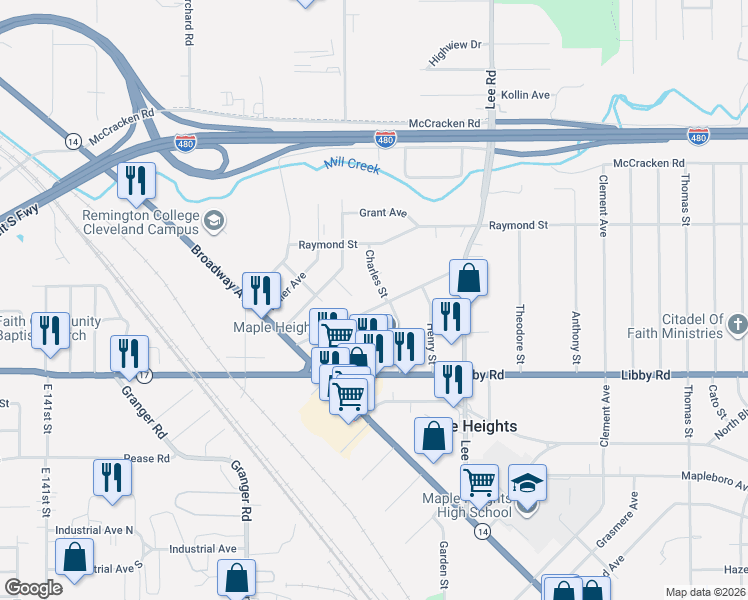 map of restaurants, bars, coffee shops, grocery stores, and more near 15925 Friend Avenue in Maple Heights