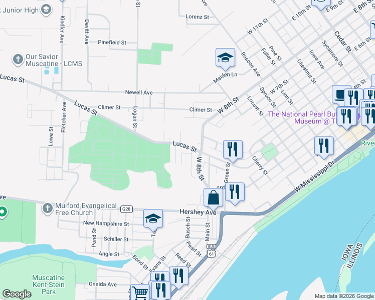map of restaurants, bars, coffee shops, grocery stores, and more near 1514 Lucas Street in Muscatine