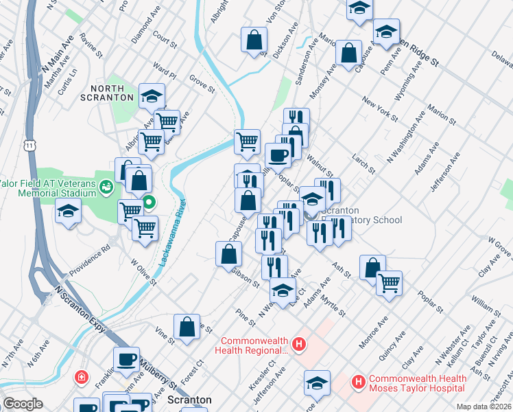 map of restaurants, bars, coffee shops, grocery stores, and more near 934 Capouse Avenue in Scranton