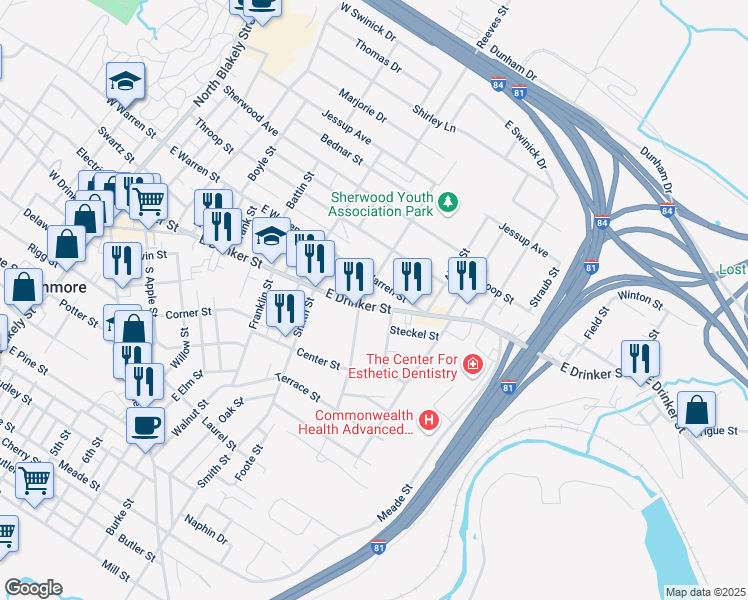 map of restaurants, bars, coffee shops, grocery stores, and more near 718 East Warren Street in Dunmore