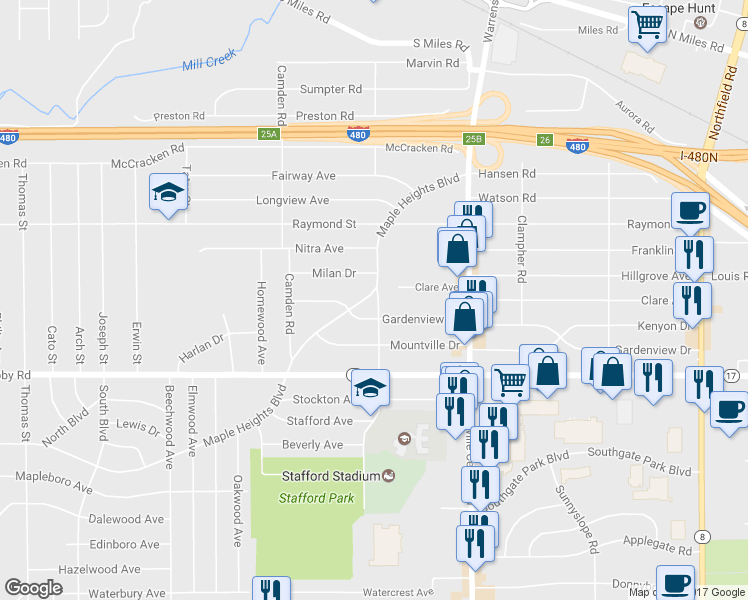 map of restaurants, bars, coffee shops, grocery stores, and more near 19718 Maple Heights Boulevard in Maple Heights