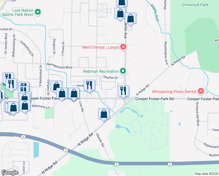 map of restaurants, bars, coffee shops, grocery stores, and more near 1309 Shaffer Drive in Lorain