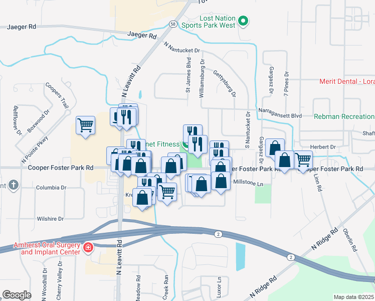 map of restaurants, bars, coffee shops, grocery stores, and more near 2000 Cooper Foster Park Road in Vermilion
