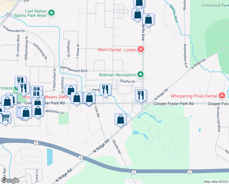 map of restaurants, bars, coffee shops, grocery stores, and more near 1403 Herbert Drive in Lorain