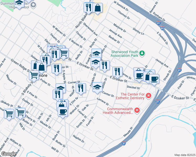 map of restaurants, bars, coffee shops, grocery stores, and more near 123 1/2 Franklin Street in Dunmore