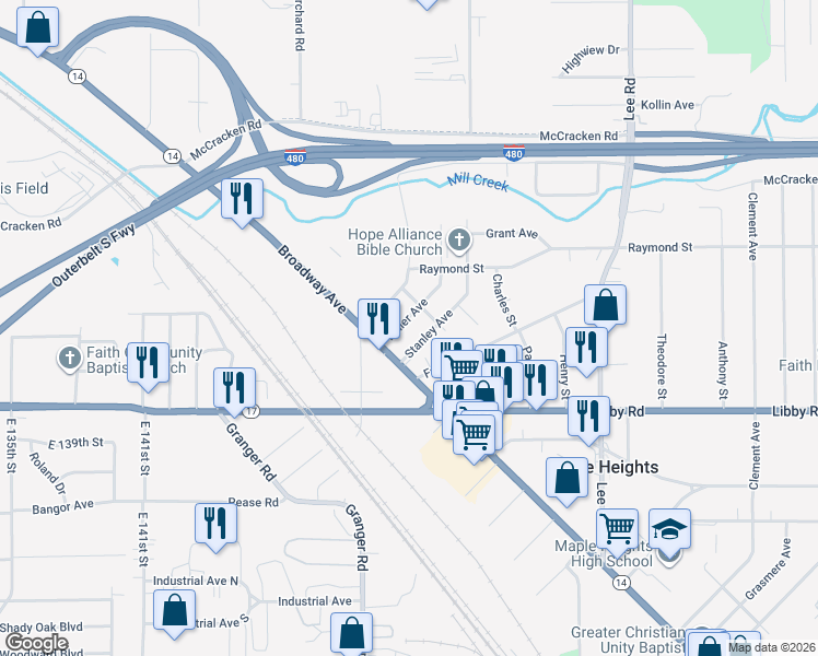 map of restaurants, bars, coffee shops, grocery stores, and more near 5193 Miller Avenue in Maple Heights