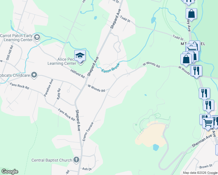 map of restaurants, bars, coffee shops, grocery stores, and more near 399 West Woods Road in Hamden