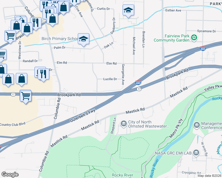 map of restaurants, bars, coffee shops, grocery stores, and more near 4849 Grace Road in North Olmsted