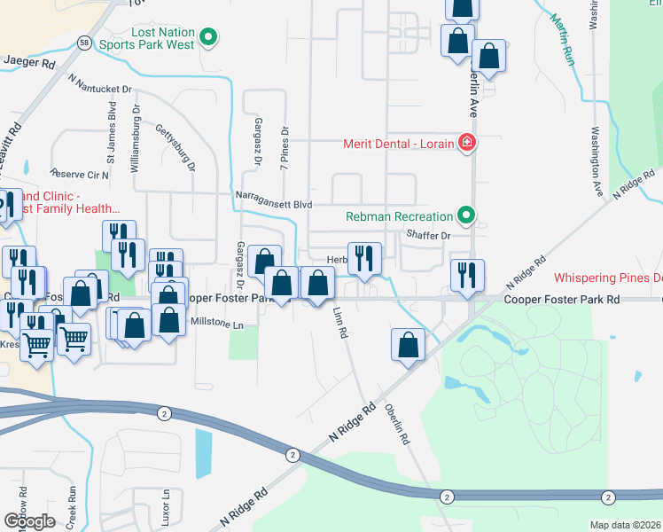 map of restaurants, bars, coffee shops, grocery stores, and more near 1509 Herbert Drive in Lorain