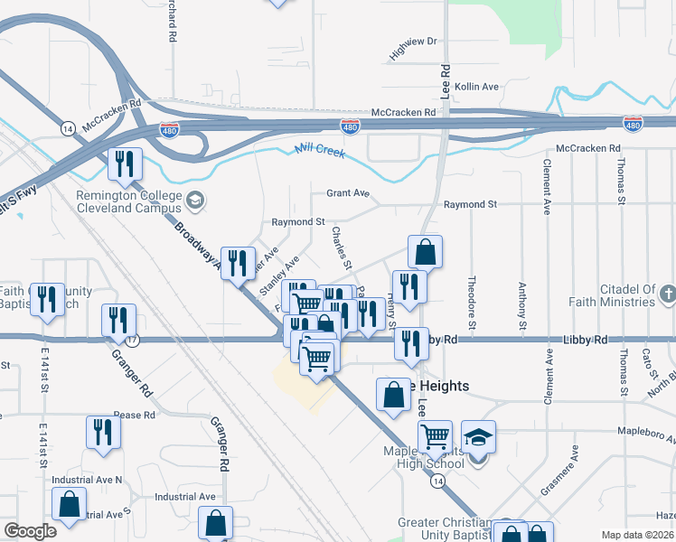 map of restaurants, bars, coffee shops, grocery stores, and more near 15925 Friend Avenue in Maple Heights