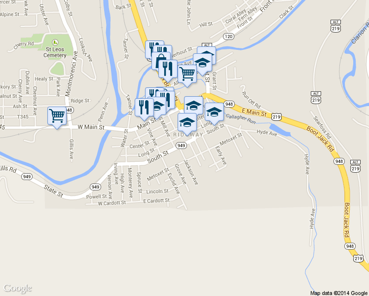 map of restaurants, bars, coffee shops, grocery stores, and more near 214 South Street in Ridgway