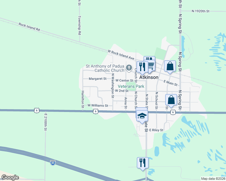 map of restaurants, bars, coffee shops, grocery stores, and more near 301 North Washington Street in Atkinson