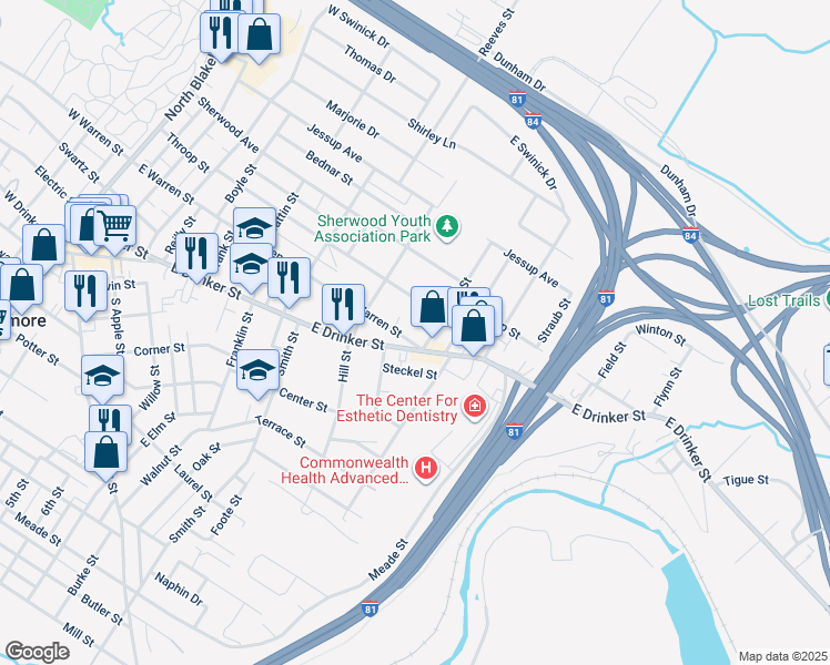 map of restaurants, bars, coffee shops, grocery stores, and more near 725 East Warren Street in Scranton
