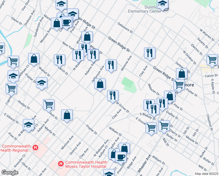 map of restaurants, bars, coffee shops, grocery stores, and more near 1311 Monroe Ave in Dunmore