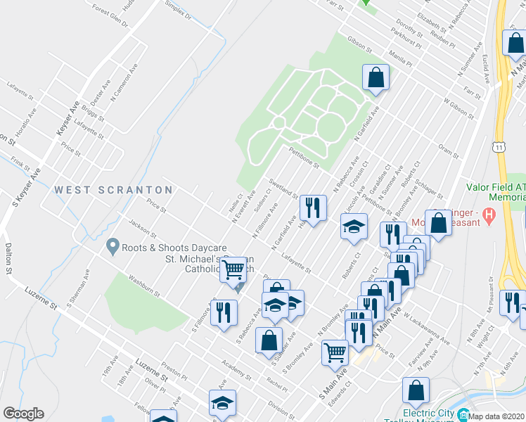 map of restaurants, bars, coffee shops, grocery stores, and more near 333 North Fillmore Avenue in Scranton