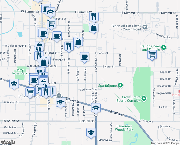 map of restaurants, bars, coffee shops, grocery stores, and more near 720 Turner Street in Crown Point