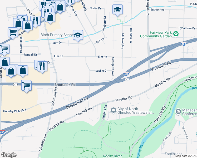 map of restaurants, bars, coffee shops, grocery stores, and more near 4823 Grace Road in North Olmsted