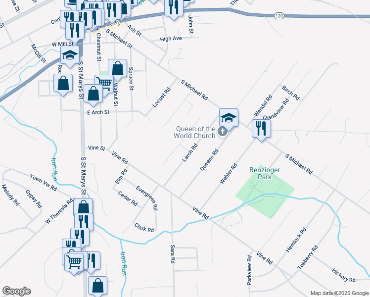 map of restaurants, bars, coffee shops, grocery stores, and more near Aspen Street in Saint Marys
