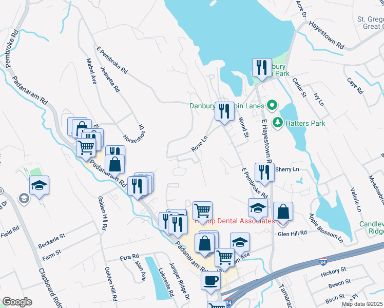 map of restaurants, bars, coffee shops, grocery stores, and more near 19 Rose Lane in Danbury