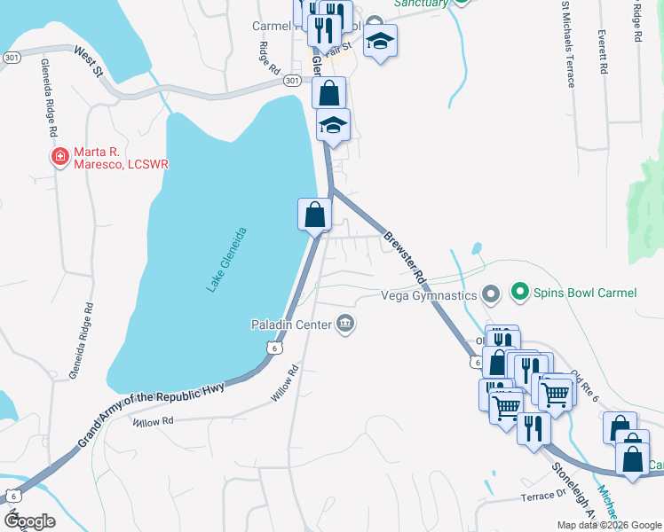map of restaurants, bars, coffee shops, grocery stores, and more near 27 Seminary Hill Road in Carmel Hamlet
