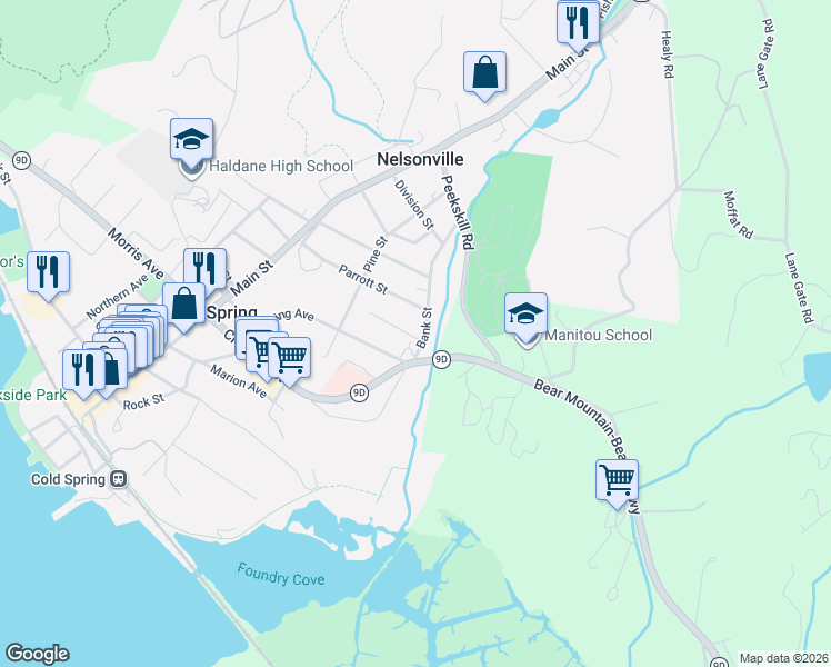 map of restaurants, bars, coffee shops, grocery stores, and more near 3 West Bank Street in Philipstown
