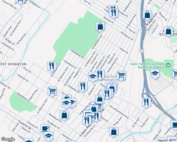 map of restaurants, bars, coffee shops, grocery stores, and more near 511 North Lincoln Avenue in Scranton