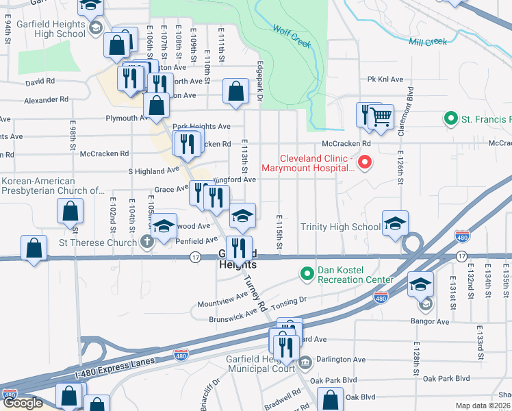 map of restaurants, bars, coffee shops, grocery stores, and more near 5226 East 114th Street in Garfield Heights