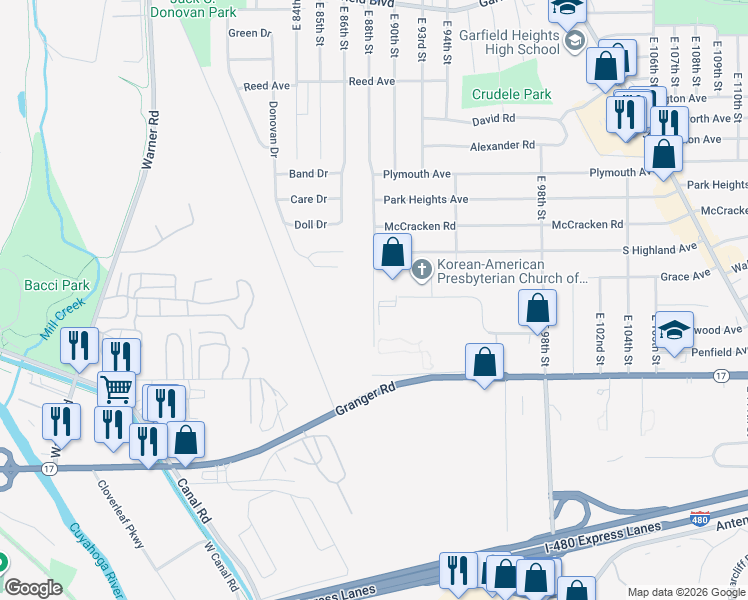 map of restaurants, bars, coffee shops, grocery stores, and more near 5200 East 88th Street in Garfield Heights
