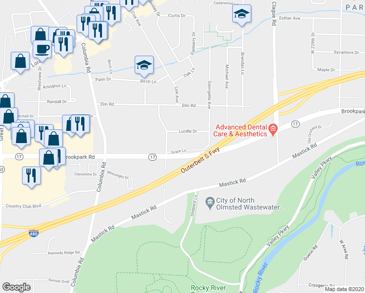 map of restaurants, bars, coffee shops, grocery stores, and more near 4823 Grace Road in North Olmsted
