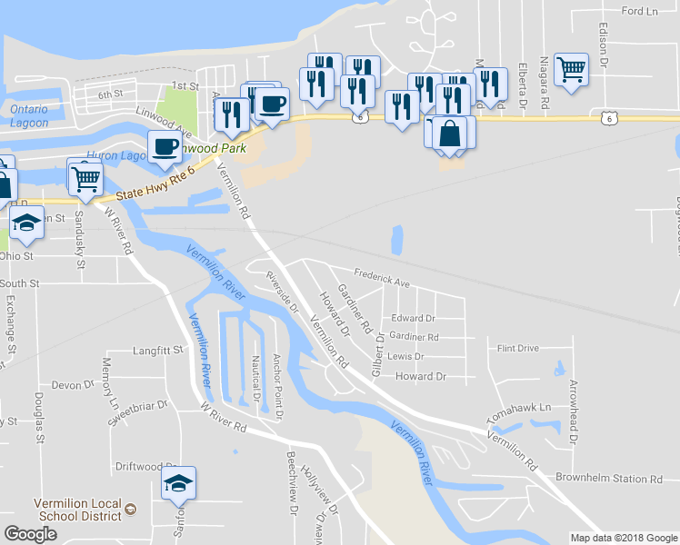 map of restaurants, bars, coffee shops, grocery stores, and more near 767 Gardiner Road in Vermilion