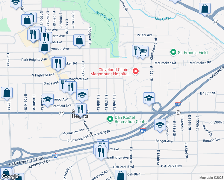 map of restaurants, bars, coffee shops, grocery stores, and more near 5226 East 119th Street in Garfield Heights