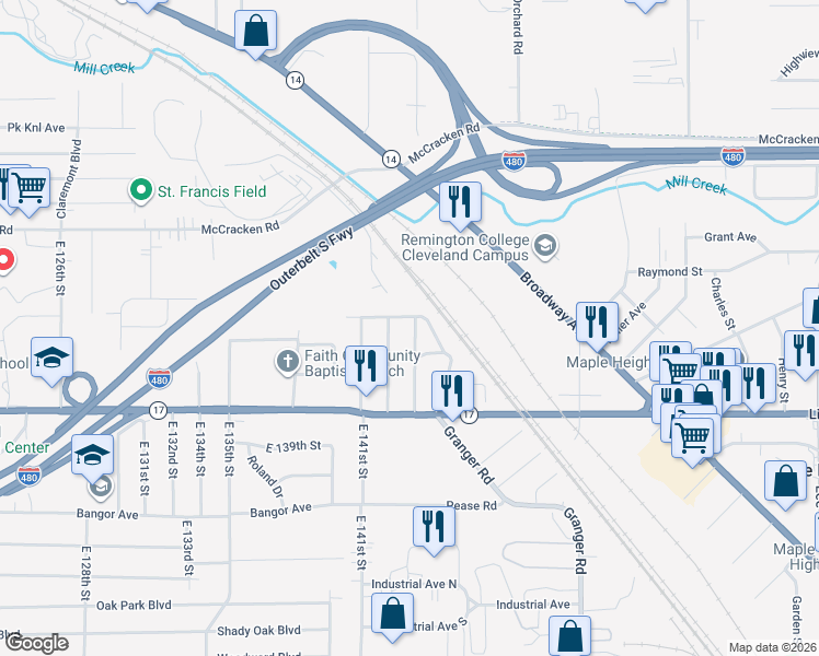 map of restaurants, bars, coffee shops, grocery stores, and more near 5198 Beech Avenue in Maple Heights