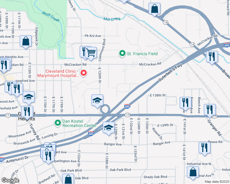 map of restaurants, bars, coffee shops, grocery stores, and more near 5210 Hy Court in Garfield Heights