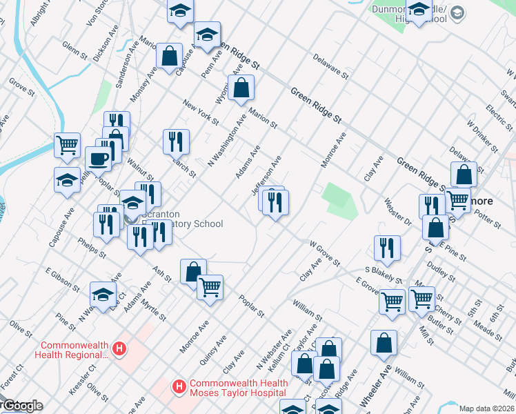 map of restaurants, bars, coffee shops, grocery stores, and more near 1319 Madison Avenue in Dunmore