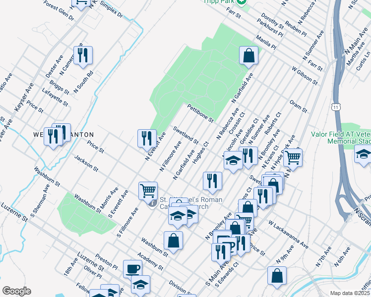 map of restaurants, bars, coffee shops, grocery stores, and more near 351 Beddoe Court in Scranton