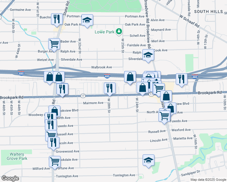 map of restaurants, bars, coffee shops, grocery stores, and more near 6 Fifth Street in Cleveland