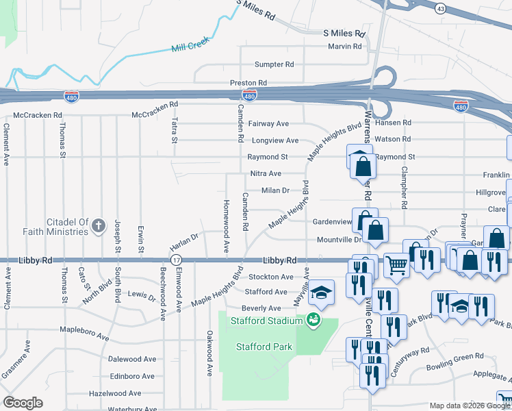map of restaurants, bars, coffee shops, grocery stores, and more near 19313 Gardenview Drive in Maple Heights