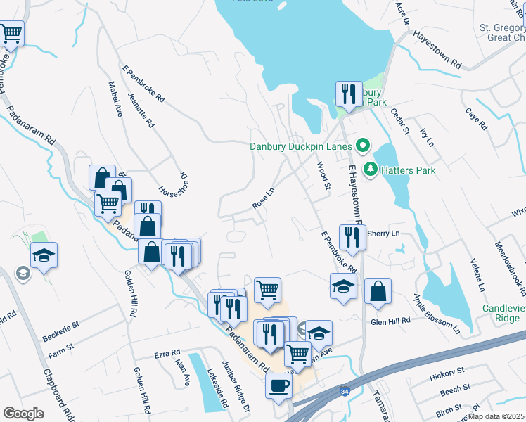 map of restaurants, bars, coffee shops, grocery stores, and more near 14 Rose Lane in Danbury