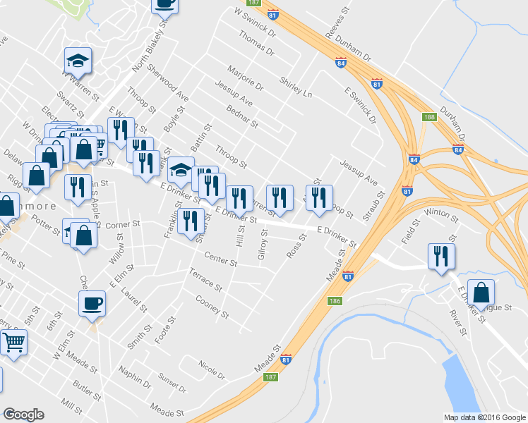 map of restaurants, bars, coffee shops, grocery stores, and more near 718 E Warren St in Dunmore