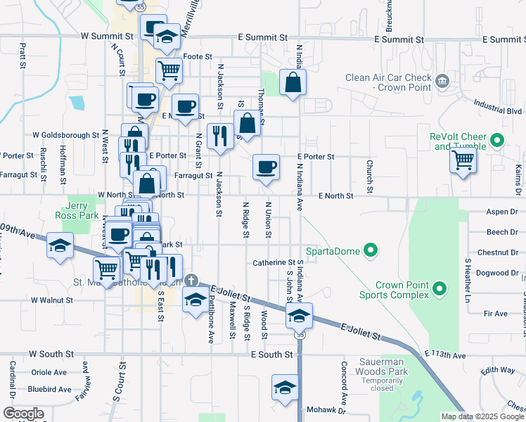 map of restaurants, bars, coffee shops, grocery stores, and more near 143 North Union Street in Crown Point
