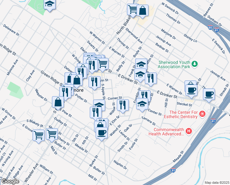 map of restaurants, bars, coffee shops, grocery stores, and more near 312 Willow Street in Dunmore