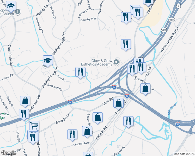 map of restaurants, bars, coffee shops, grocery stores, and more near 2906 Eaton Court in Danbury