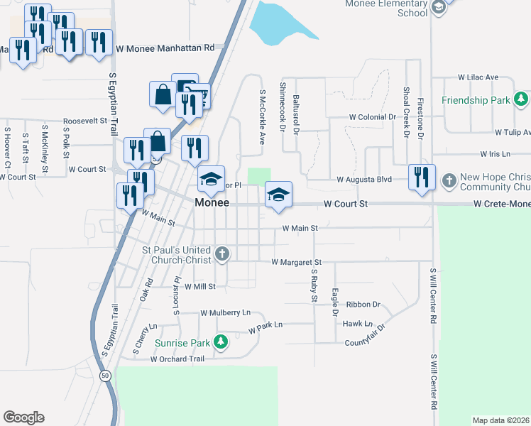 map of restaurants, bars, coffee shops, grocery stores, and more near 5203 West Court Street in Monee