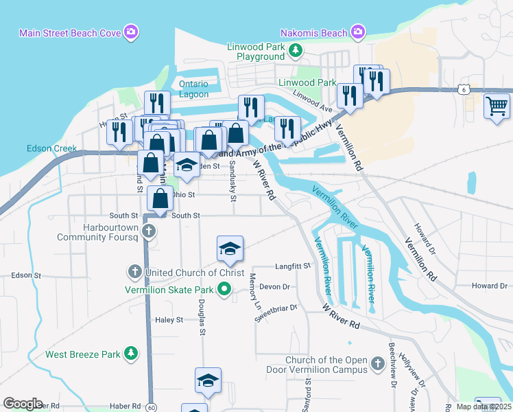 map of restaurants, bars, coffee shops, grocery stores, and more near 778 Short Street in Vermilion