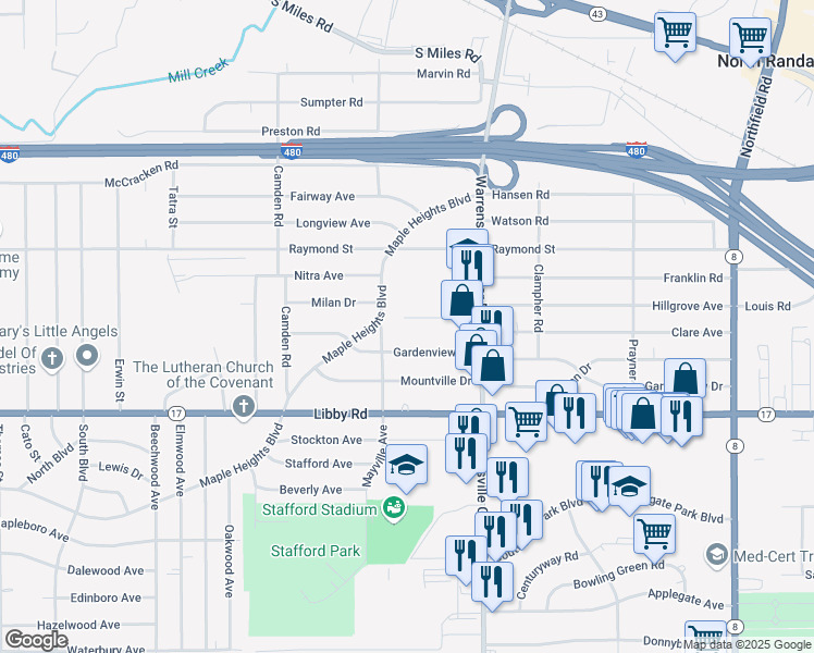 map of restaurants, bars, coffee shops, grocery stores, and more near 19900 Clare Avenue in Maple Heights