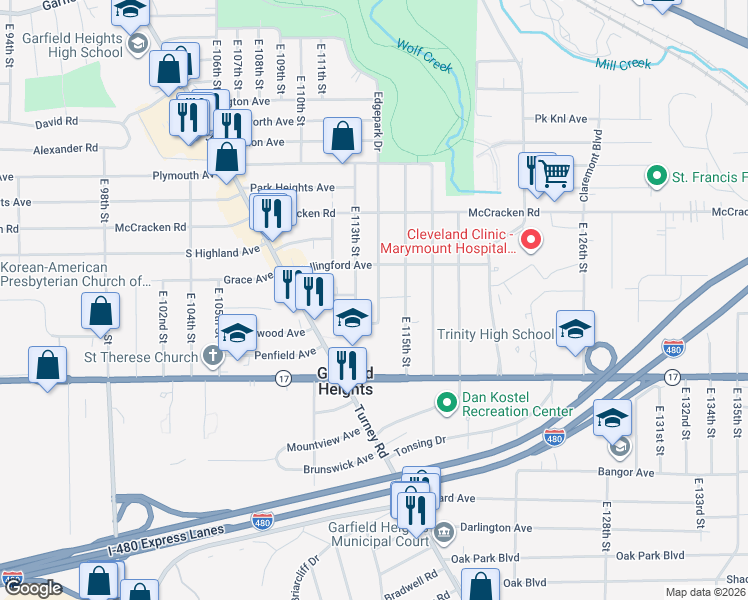 map of restaurants, bars, coffee shops, grocery stores, and more near 5226 East 114th Street in Garfield Heights