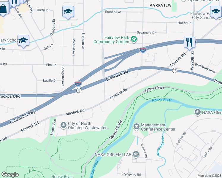 map of restaurants, bars, coffee shops, grocery stores, and more near 23000 Mastick Road in North Olmsted