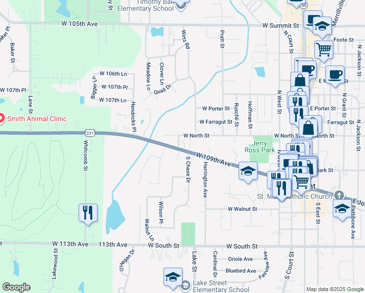 map of restaurants, bars, coffee shops, grocery stores, and more near 790 West Joliet Street in Crown Point