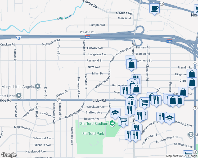 map of restaurants, bars, coffee shops, grocery stores, and more near 19515 Gardenview Drive in Maple Heights