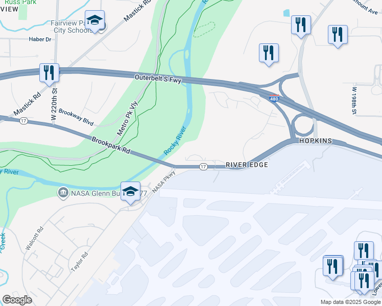 map of restaurants, bars, coffee shops, grocery stores, and more near 501 Underpass Road in Fairview Park